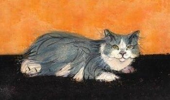 Features a gray and white cat with an orange background.