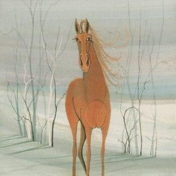 Beautiful limited edition print by P Buckley Moss features a single horse in shades of rust standing against a background of light green with a touch of white