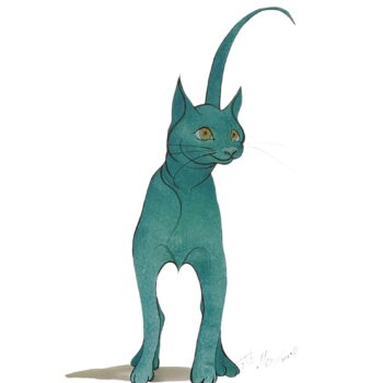 Turquoise Treasure limited edition print by P Buckley Moss features an large cat on white background in shades of light and darker turquoise.