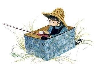 Box Boat limited edition print by P Buckley Moss features one boy with fishing pole sitting in a box pretending an adventure.