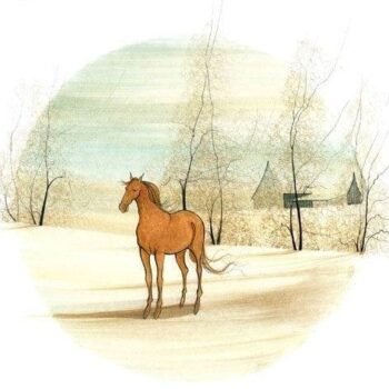 Chestnut Beauty limited edition print by P Buckley Moss features a chestnut horse with foreground of earth tones and faint yellow and faint aqua sky.