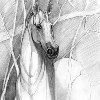 Earthly Spirit limited edition giclee print by P Buckley Moss features a horse coming from the woods featuring colors of white and light and darker gray tones.