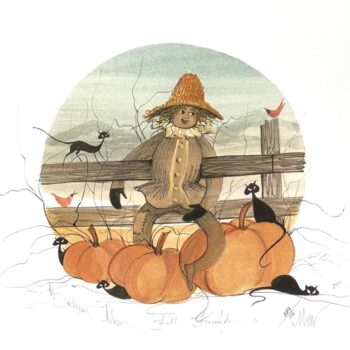 Fall Friends limited edition print by P Buckley Moss features a scarecrow with Pumpkins