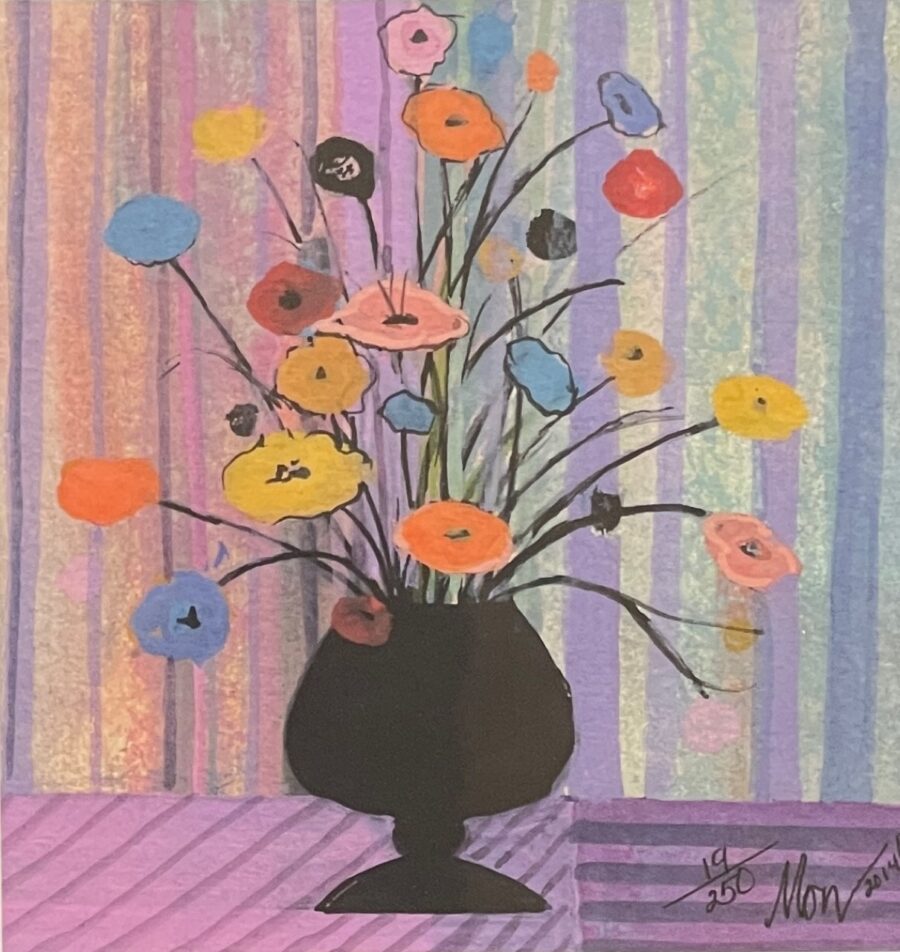 Limited edition prints by P Buckley Moss that group together all featuring the color purple. Wall art collectable art.