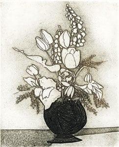 Flowers II etching by P Buckley Moss features a black vase with modern flowers in Sepia tones.