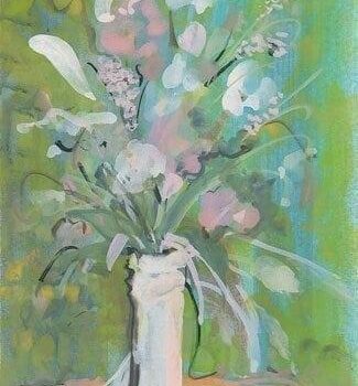 Flowers From My Heart by P Buckley Moss features a white vase with a spray of flowers. Green background makes the arrangement of flowers pop.