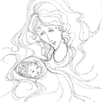 Artistic sketch which looks like it was created basically from connecting the dots. Only a true artist couple pull this off. Black and White dotted sketch of mother and baby child.