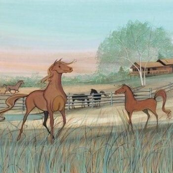 Greener Pastures limited edition by P Buckley Moss features horses in a rural American setting of green pastures