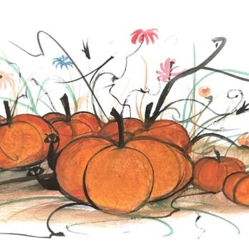 a group of pumpkins with flowers