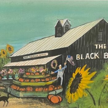 Our Black Barn limited edition print by P Buckley Moss especially for Canada Goose Gallery 2020 Fall Show. Black Barn in Lebanon