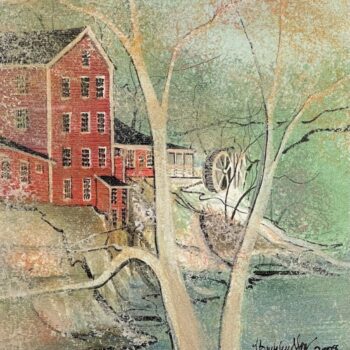 a painting of a red house in Spring Comes To Clifton Mill