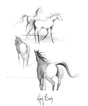 Hoof Beats by P Buckley Moss features a group of horses as they move together across the land. Sketch art in shades of charcoal gray