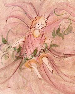 Ivy Angel limited edition print by P Buckley Moss features and angel figure dressed in mauves and pinks with green ivy around her.