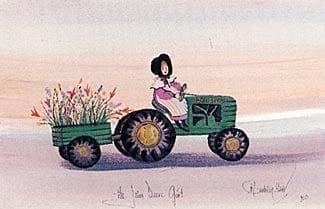 John Deere Girl limited edition print by P Buckley Moss features a young girl on a John Deere tractor with cart. Green