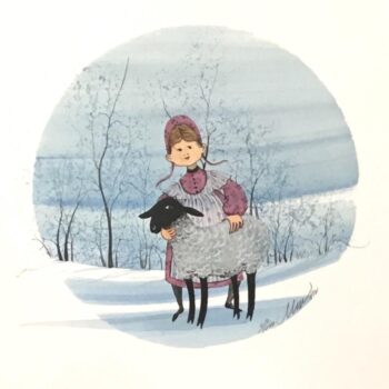 Laura's Lamb liited edition print by P Buckley Moss features a young girl with her lamb. Rose colored dress. black and white lamb on a background of shades of lighter blues with black trees.