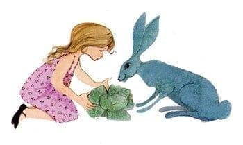 Let's Share is a limited edition print by P Buckley Moss which features a young girl dressed in pink with her big blue bunny friend inspecting the prized head of cabbage grown in their garden.