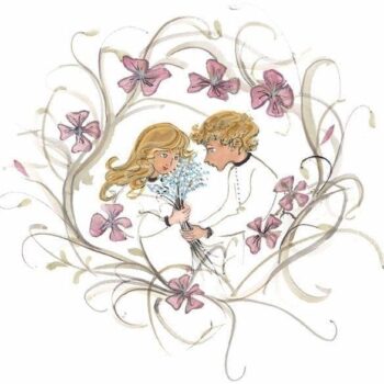 Love Blooms limited edition print of two children in a wreath of flowers. Feeling of love