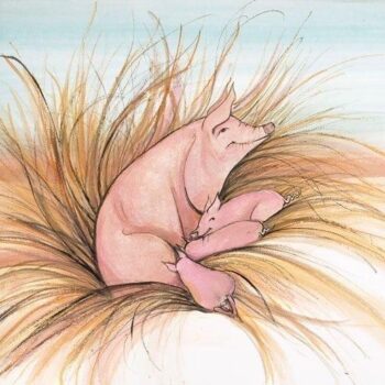 My Babies limited edition print by P Buckley Moss features mother pig and her baby piglets. Colors of pink