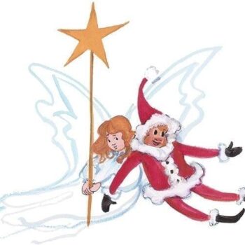 a painting of a an angels and Kris Kringle