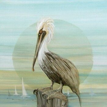 On the Doc of the Bay giclee limited edition print on canvas by P Buckley Moss features a pelican roosting by the water with sail boats in the distance. Soft colors of Aqua