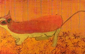 The Glance limited edition print on paper by P Buckley Moss features a BoHo influenced cat in colors of burnt orange