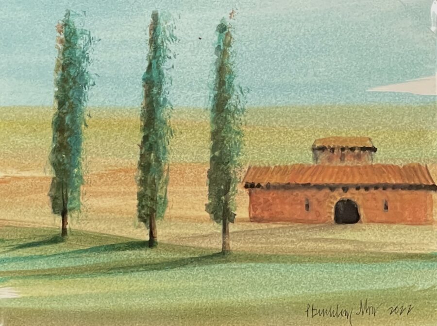 a painting of a building and trees in Italy