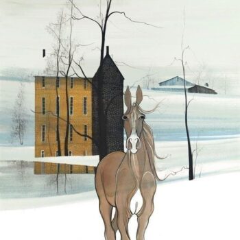 Reflections of the Soul limited edition print by P Buckley Moss features a camel and tan colored horse with a background of aqua and white. Rust and brown shades in the three story house.