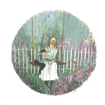 Summer Story limited edition print P Buckley Moss features mother and child reading a book while seated on a garden swing.