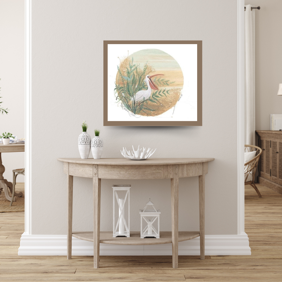 Tenor Of The Tropics Living Space shows a soft, coastal-inspired console setup with airy neutrals, light wood, and centered art to anchor the wall.