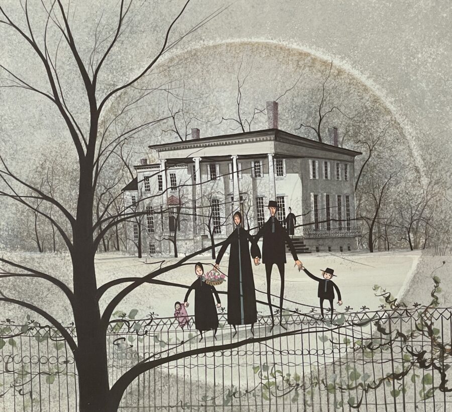 a group of Amish people walking in a park, Kinsman House