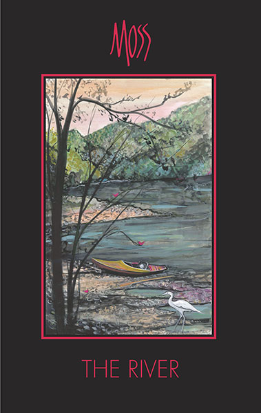 The River Poster by P. Buckley Moss depicting the New River with wooded banks, colorful canoe, birds and a white wading bird.