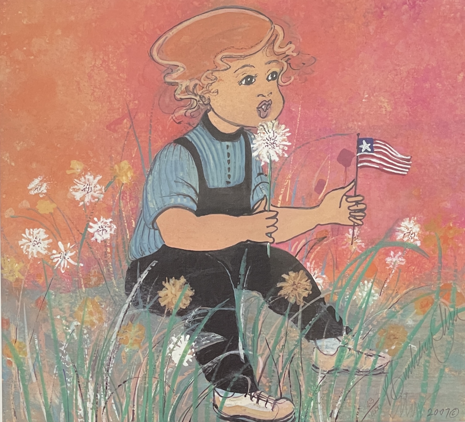A Dandy Day limited edition print by P. Buckley Moss - One Boy and American Flag and Floral Collections.