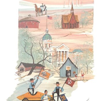Back Home In Indiana limited edition print by P. Buckley Moss - Horse and Buggy and Church and American Flag and Bridge Collections.