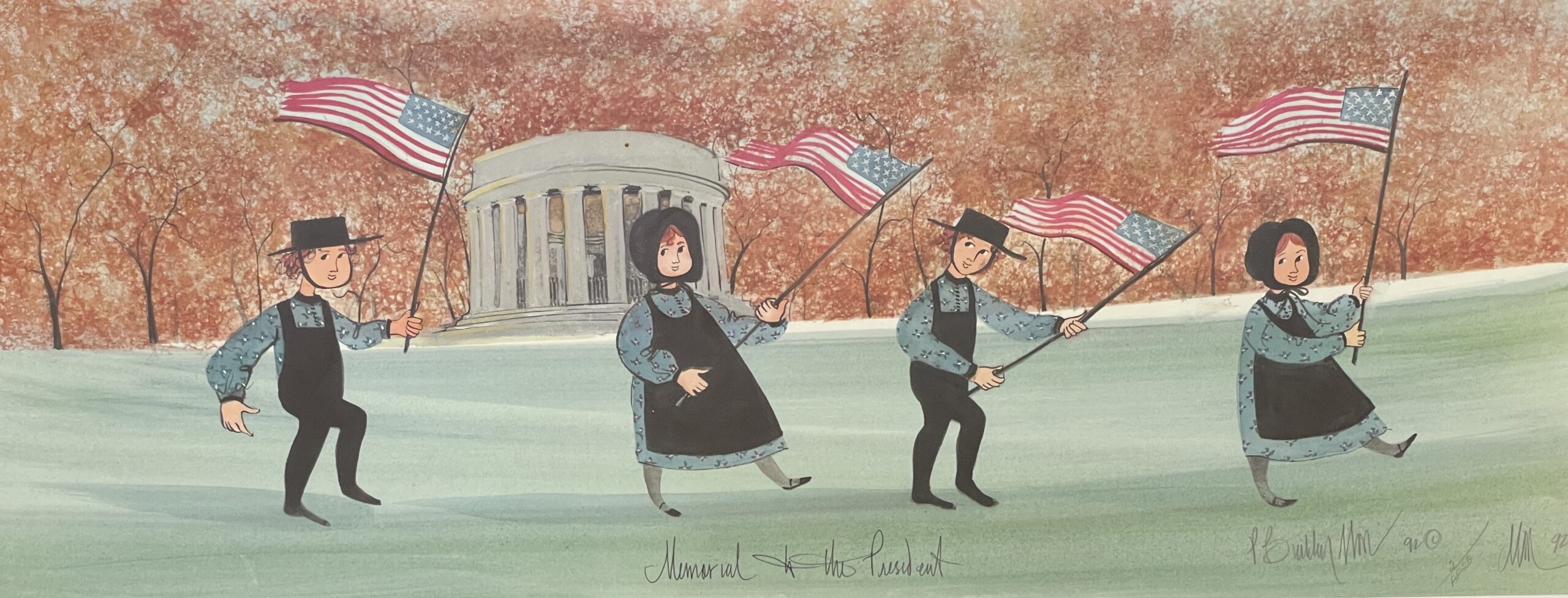 Memorial To The President limited edition print by P. Buckley Moss - Children and Historic Landmark and AMerican Flag Collections.