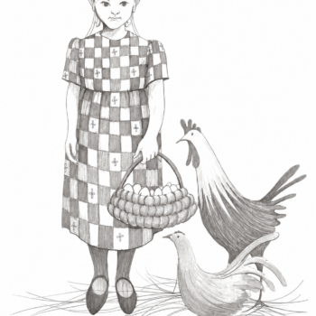 The Collector by P. Buckley Moss showing a young girl with a basket of eggs beside two chickens in a black-and-white sketchThe Collector by P. Buckley Moss showing a young girl with a basket of eggs beside two chickens in a black-and-white sketch.