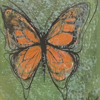 Aloft by P. Buckley Moss featuring a vivid orange butterfly against a textured green background.