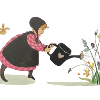 Andrea by P. Buckley Moss 1998 limited edition lithograph of a girl watering colorful flowers.