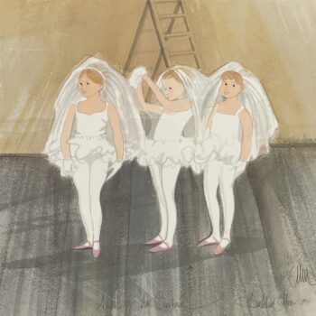 Awaiting The Curtain Artist Proof by P. Buckley Moss showing three young ballet dancers in white costumes waiting together before a performance.