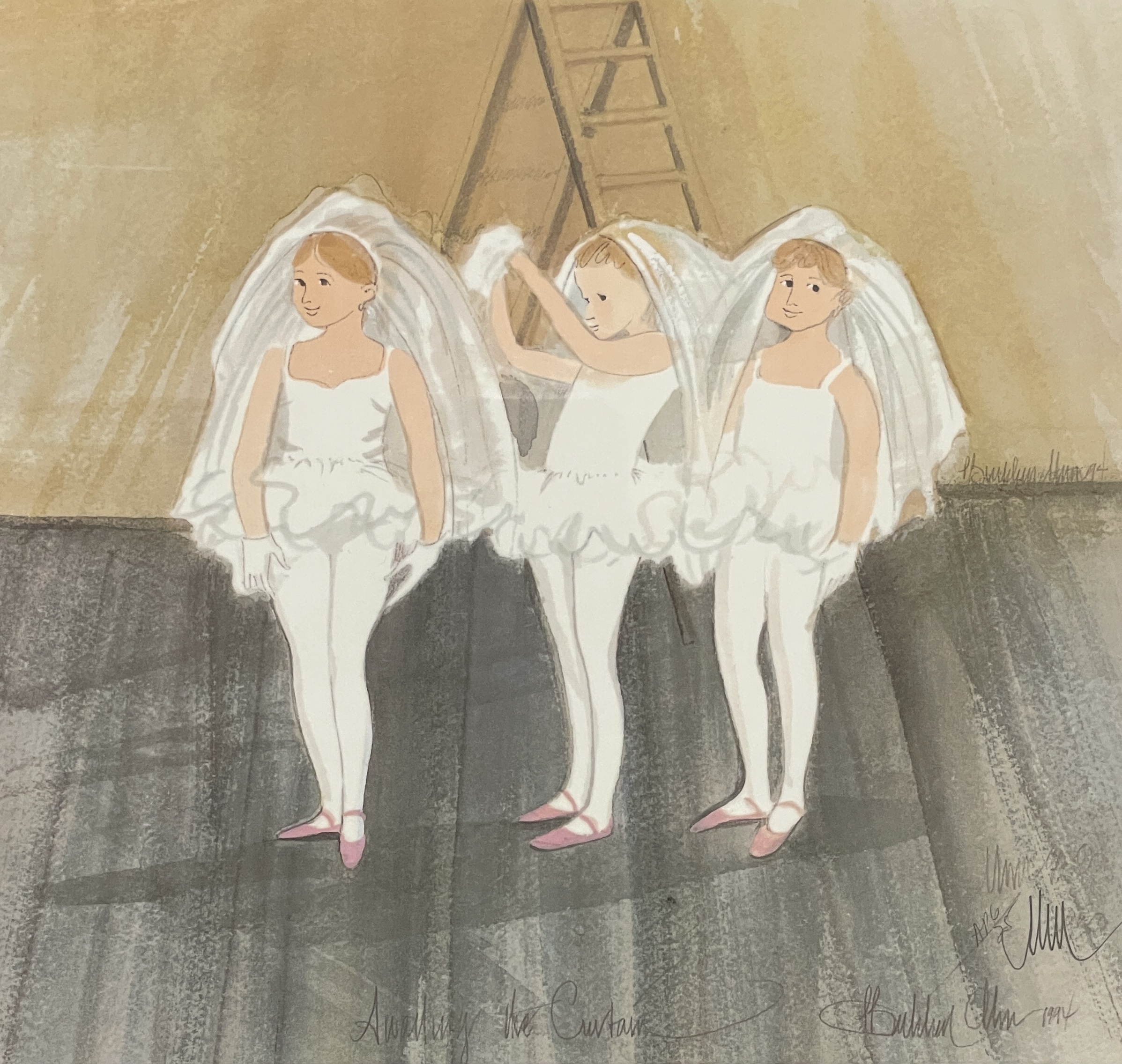 Awaiting The Curtain Artist Proof by P. Buckley Moss showing three young ballet dancers in white costumes waiting together before a performance.