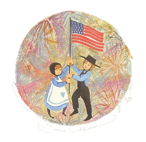 Summer Celebration limited edition print by P. Buckley Moss - One Girl and One Boy and American Flag Collections.