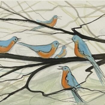 Band of Blue by P. Buckley Moss showing blue and orange birds gathered on overlapping bare branches.