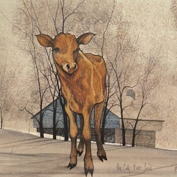 The Calf Best Loved by P. Buckley Moss showing a young brown calf before a blue-gray barn and farm landscape.