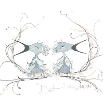 Duet Artist Proof by P. Buckley Moss showing two fledgling birds facing one another on a branch.