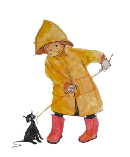 Red Galoshes by P. Buckley Moss showing a child in a yellow raincoat and bright galoshes with a black cat.