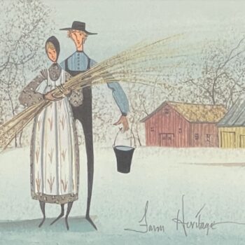 Farm Heritage by P. Buckley Moss hand-signed lithograph with farmers, harvested grain, horse-drawn wagon and barns.
