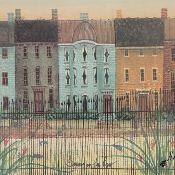 Flowers on the Row Artist Proof by P. Buckley Moss showing colorful rowhouses behind an iron fence and flower garden.