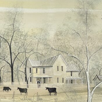 Heartland Homestead by P. Buckley Moss with farmhouse, windmill and three cattle in a rural landscape.