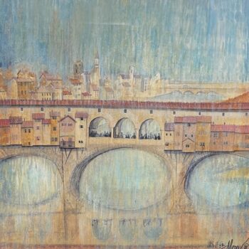 Jewel Of Florence by P. Buckley Moss depicting the Ponte Vecchio spanning the Arno River in Florence Italy with buildings and reflections.