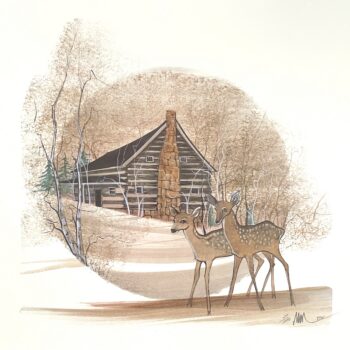 Mountain Lodge by P. Buckley Moss, 1987 limited-edition lithograph with two deer and a rustic log lodge in a woodland setting.