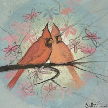 Nestled Together by P. Buckley Moss showing two red cardinals perched closely together on a branch among pink blossoms.